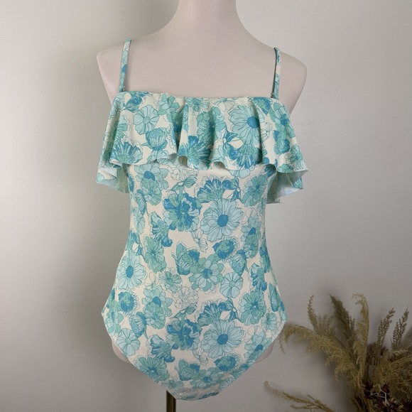Shade & Shore Other - NEW Shade & Shore Womens Large Blue Floral Ruffle Bandeau One Piece Swimsuit